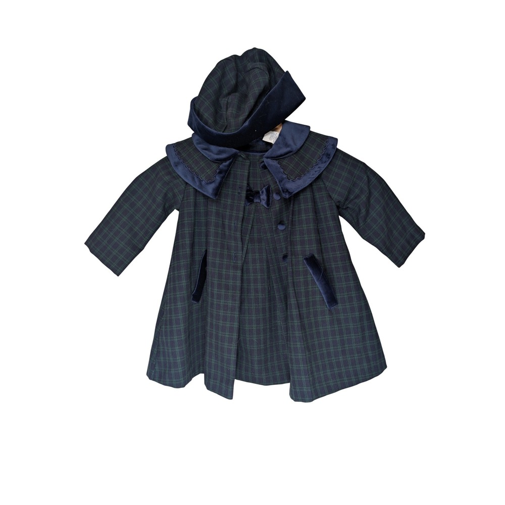 Little Billy 18M Black Watch Plaid Dress Coat‎ Bonnet 3pc Set Navy Green Velvet